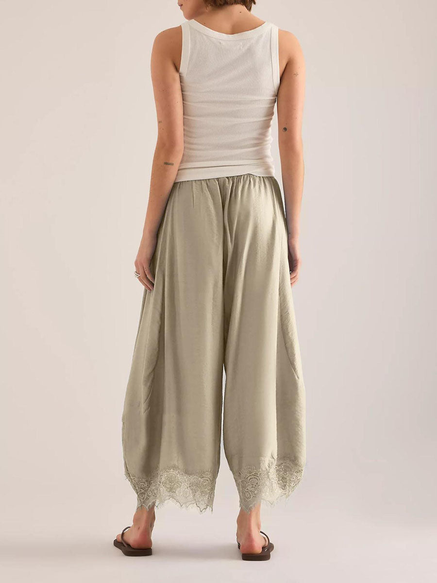 Split-Joint Solid Color Pockets Elasticity Drawstring Wide Leg Loose Trousers Pants