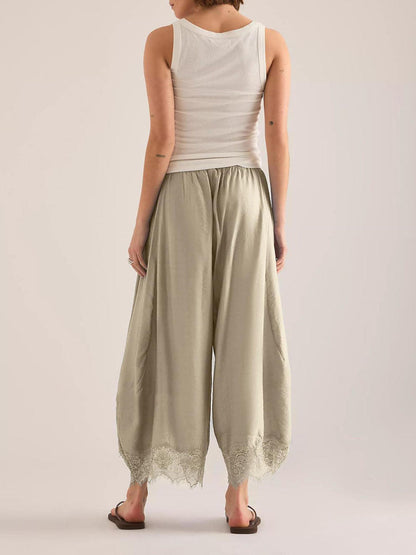 Split-Joint Solid Color Pockets Elasticity Drawstring Wide Leg Loose Trousers Pants