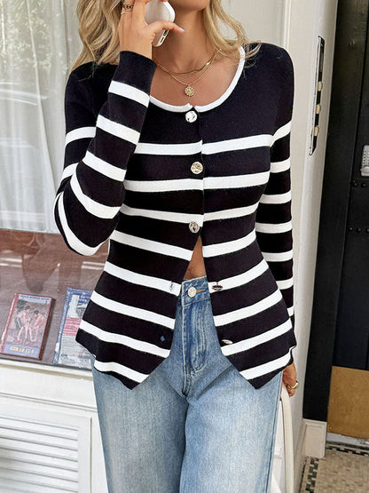 Long Sleeves Skinny Buttoned Contrast Color Split-Joint Striped Round-Neck Cardigan Tops Outerwear