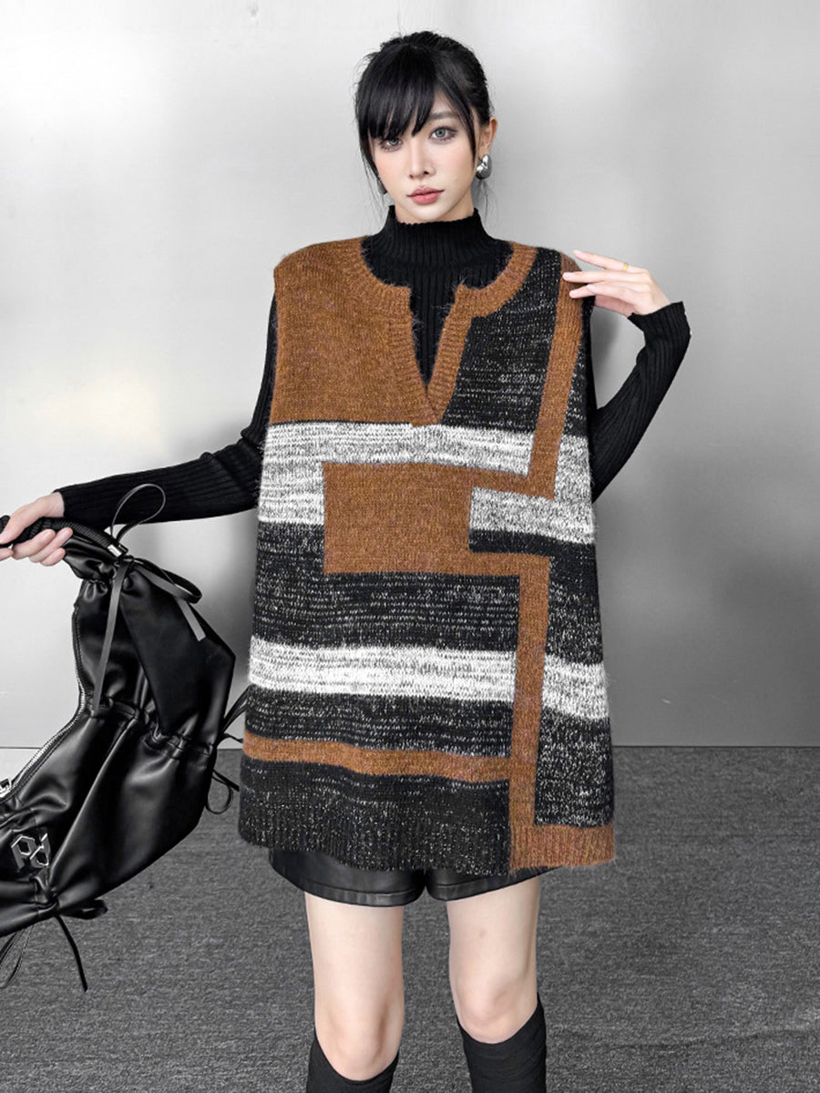 Loose Sleeveless Contrast Color Geometric Split-Joint Striped V-Neck Outerwear Vest Top