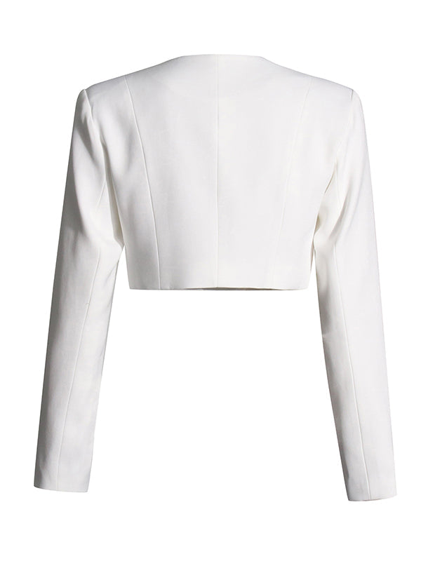 Long Sleeves Buttoned Solid Color Split-Joint Round-Neck Blazers Top + Zipper Wide Leg Mesh Pleated Pants Bottom Two Pieces Set