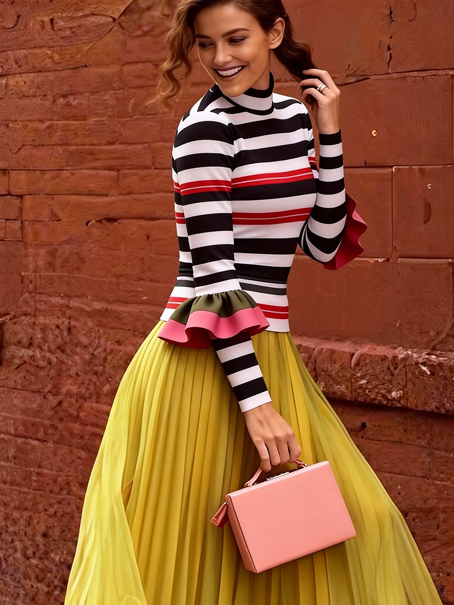Flared Long Sleeves Contrast Color Split-Joint Striped Half Turtleneck Blouses&Shirts Tops