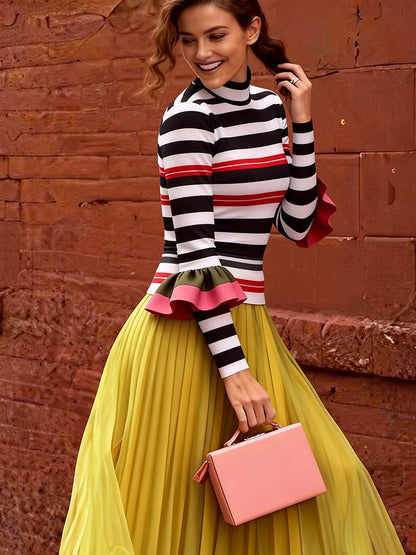 Flared Long Sleeves Contrast Color Split-Joint Striped Half Turtleneck Blouses&Shirts Tops