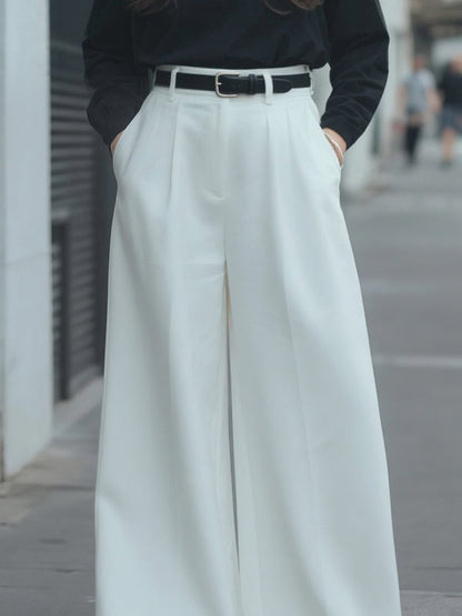 Loose Wide Leg No Belt Pockets Solid Color Pants Trousers
