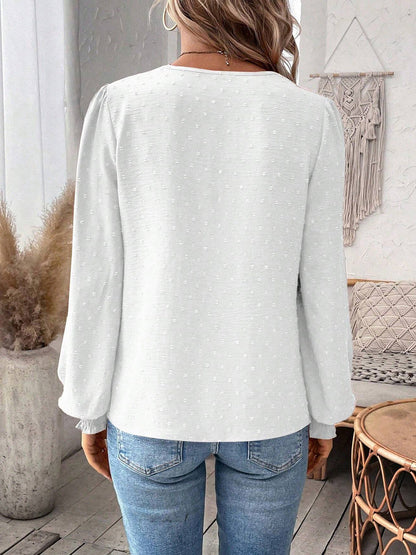 Balloon Sleeves Long Sleeves Embroidered Hollow Solid Color V-Neck Blouses&Shirts Tops