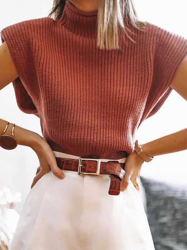Casual Cap Sleeve Solid Color High-Neck Sweater Tops Pullovers