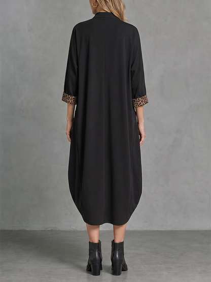 Split-Joint Pockets Leopard Three-quarter Sleeves Loose Mandarin Collar Midi Dresses