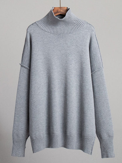 Long Sleeves Loose Solid Color Split-Joint High Neck Pullovers Sweater Tops