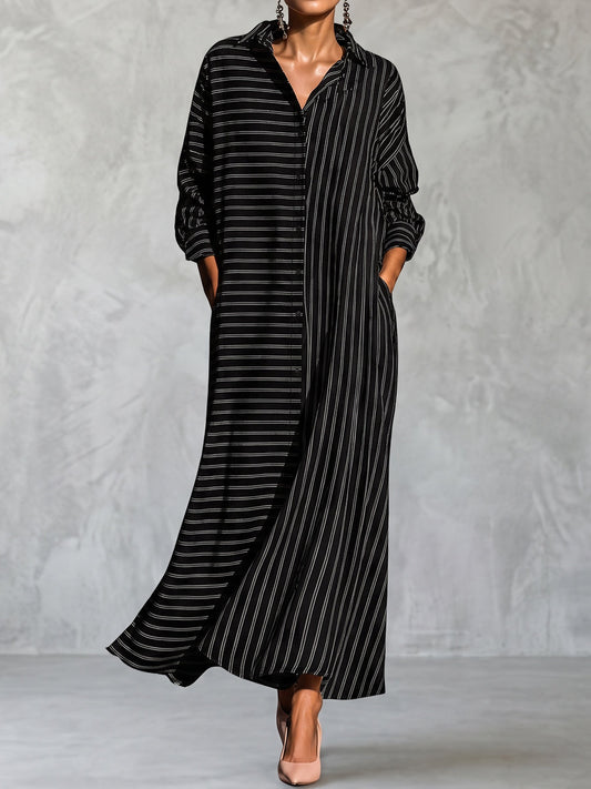 Striped Split-Joint Pockets Three-quarter Sleeves Loose Lapel Shirt Dress Maxi Dresses