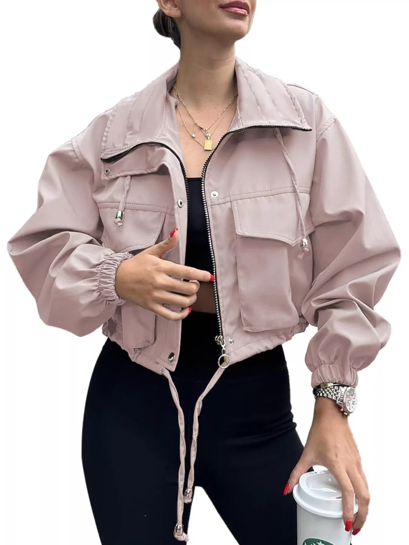 Crop Drawstring Hem Zip Up Jacket