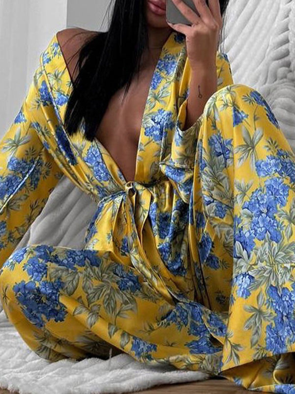 Loose Printed Split-Joint Deep V-Neck Lace-Up Blouse + Drawstring Elasticity Pants Trousers Two Pieces Set