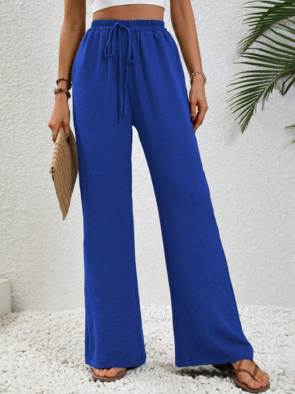 High Waisted Loose Elasticity Pleated Solid Color Tied Waist Pants Trousers