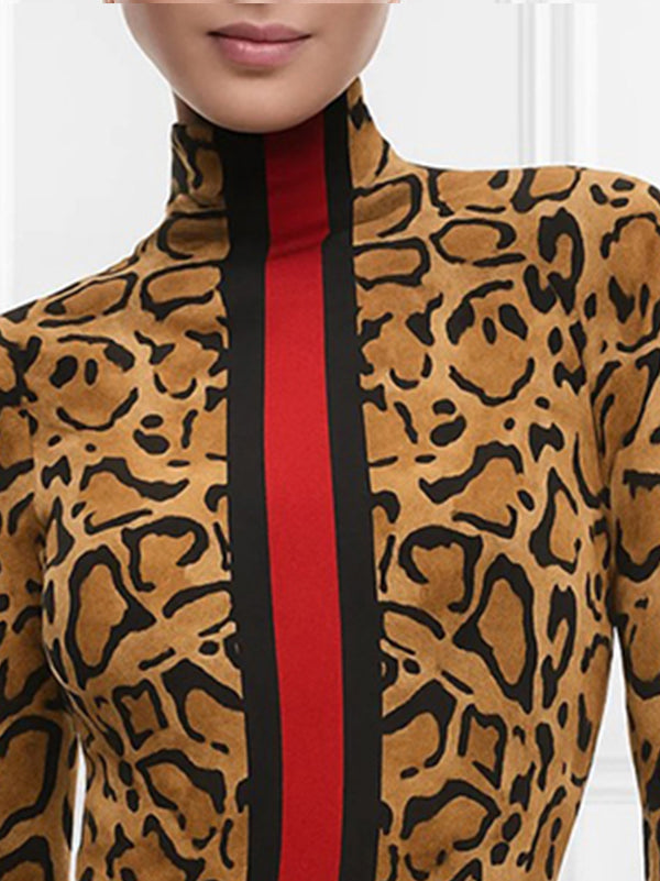Leopard Contrast Color Skinny Long Sleeves High Neck T-Shirts Tops