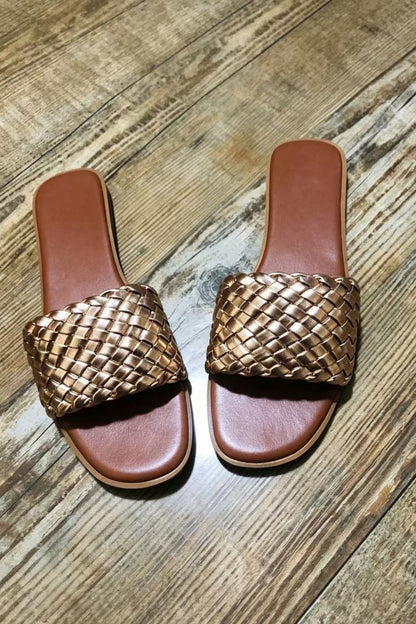 Solid Color Square-Toe Woven Flats Mules&Slides