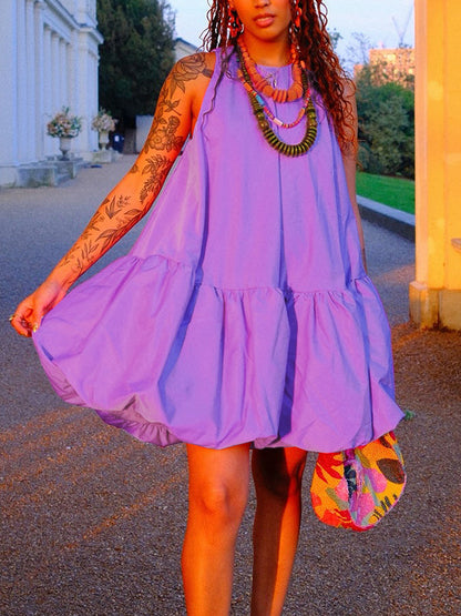 High Waisted Loose Pleated Solid Color Round-Neck Mini Dresses