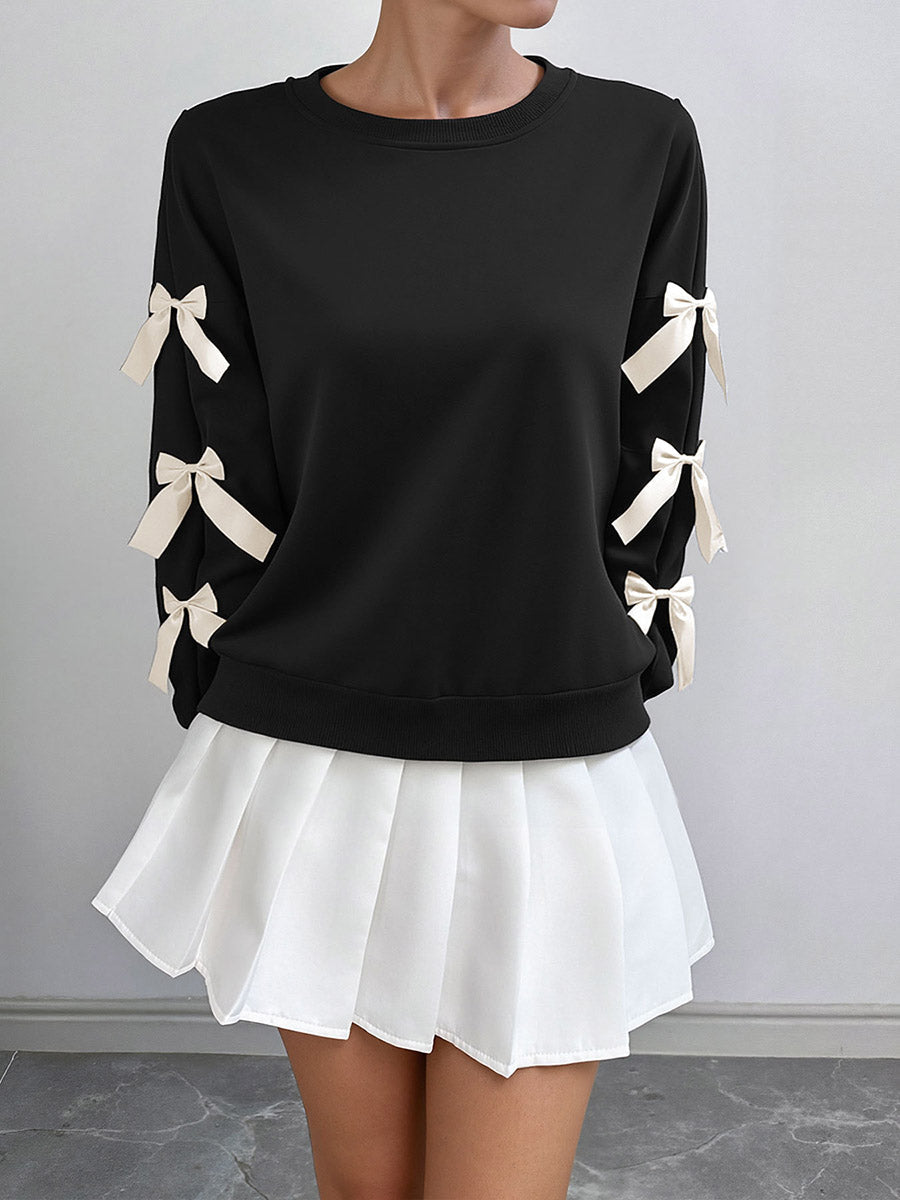 Split-Joint Contrast Color Bow-Embellished Loose Long Sleeves Round-Neck Sweatshirt Tops