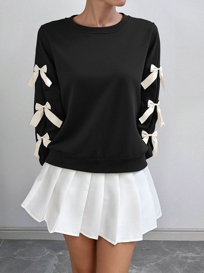 Split-Joint Contrast Color Bow-Embellished Loose Long Sleeves Round-Neck Sweatshirt Tops