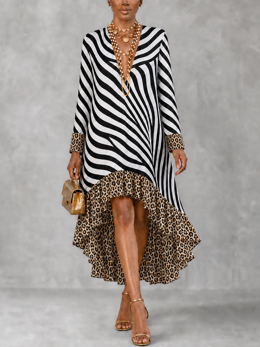 Zipper Split-Joint Ruffled Printed Leopard Loose High-low V-neck Midi Dresses