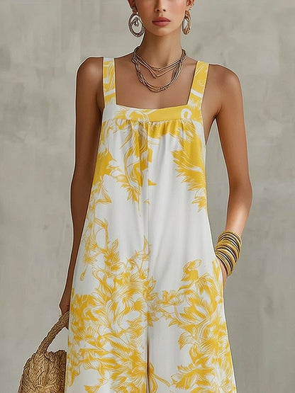 Pockets Pleated Flower Print Wide Leg Sleeveless Spaghetti-Neck Jumpsuits