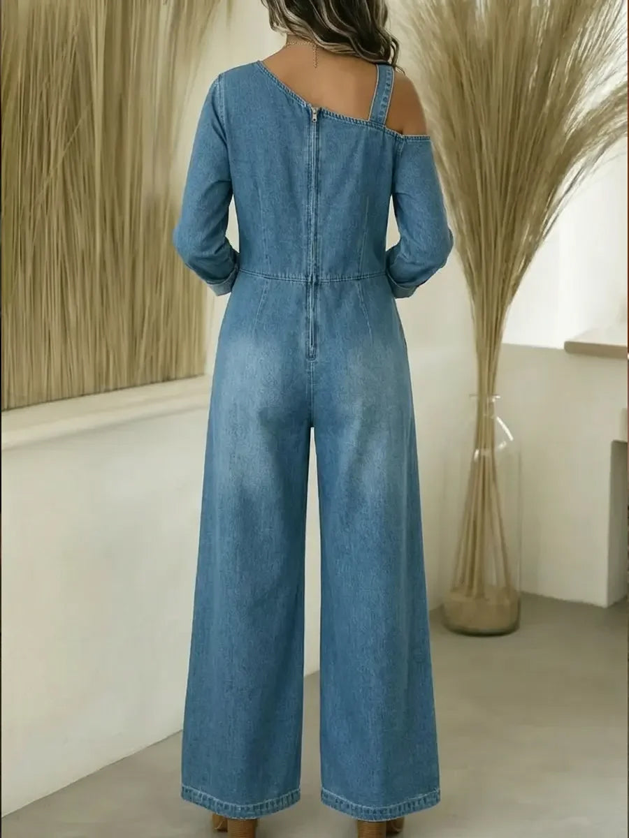 Long Sleeves Wide Leg Asymmetric Buckle Pockets Split-Joint Zipper One-Shoulder Jumpsuits