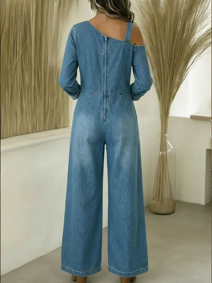 Long Sleeves Wide Leg Asymmetric Buckle Pockets Split-Joint Zipper One-Shoulder Jumpsuits