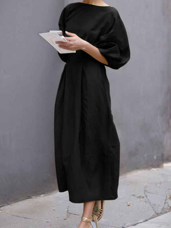Half Sleeves Loose Solid Color Round-neck Maxi Dresses BLACK