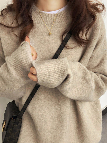 Simple Loose Long Sleeves Round-Neck Sweater Tops Pullovers