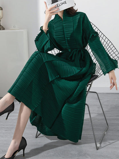 Casual Long Sleeves Loose Tied Pleated Stand Collar Midi Dresses