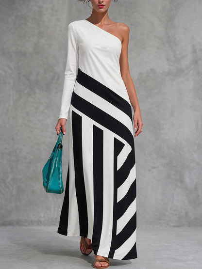 Striped Elasticity Contrast Color Asymmetric Loose Long Sleeves One-shoulder Maxi Dresses