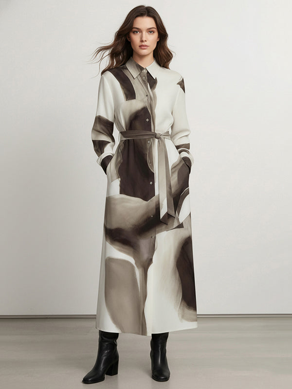 Long Sleeves Loose Asymmetric Belted Buttoned Print Wash Painting Maxi Dresses Shirt Dress
