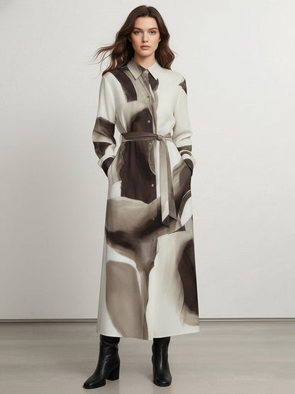 Long Sleeves Loose Asymmetric Belted Buttoned Print Wash Painting Maxi Dresses Shirt Dress