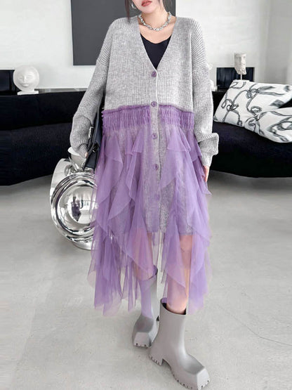 High-Low Irregularity Buttoned Contrast Color Mesh Pleated Ribs Split-Joint Collarless Cardigan Tops Outerwear