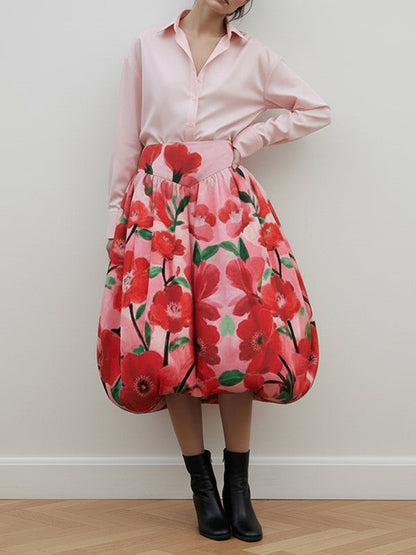 A-Line Loose Contrast Color Flower Print Skirts Bottoms