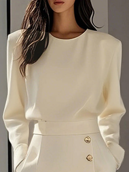 Long Sleeves Solid Color Split-Joint Round-Neck Blouses&Shirts Tops