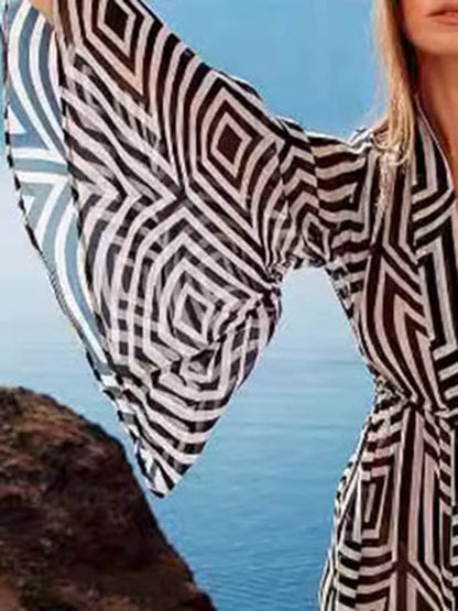 Flared Sleeves Loose Lace-Up See-Through Split-Joint Deep V-Neck Cover-Up