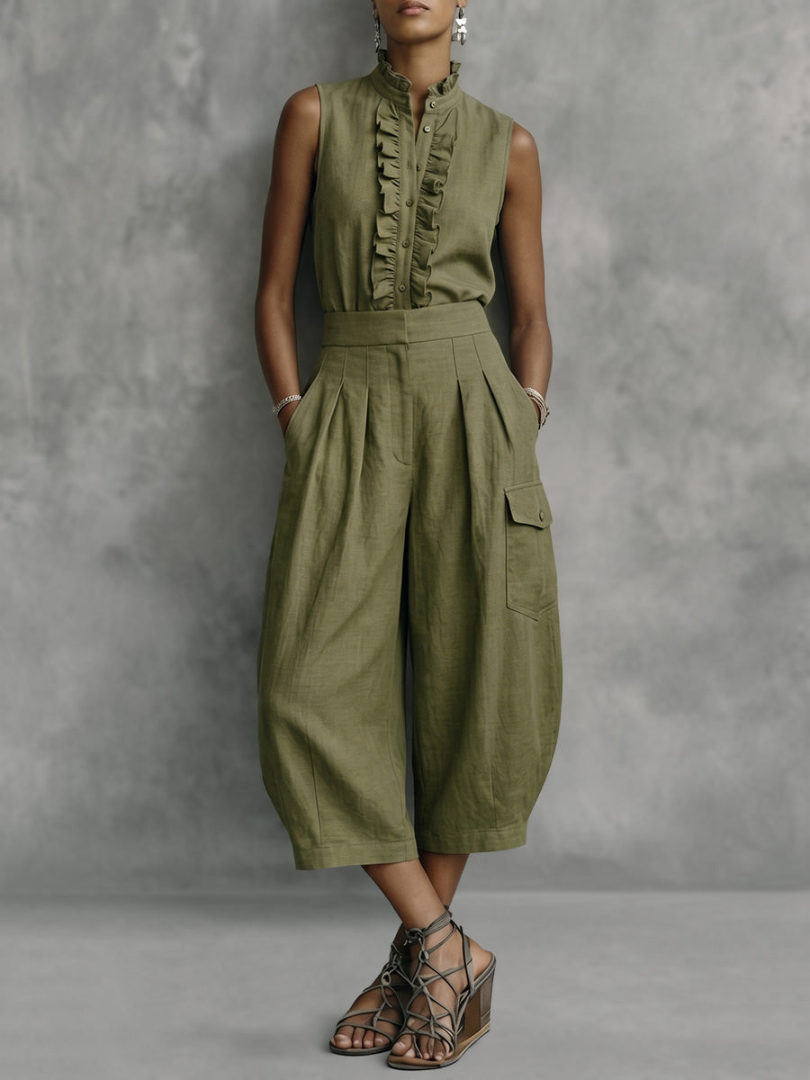 Sleeveless Buttoned Ruffled Solid Color Stand Collar Blouses&Shirts Tops