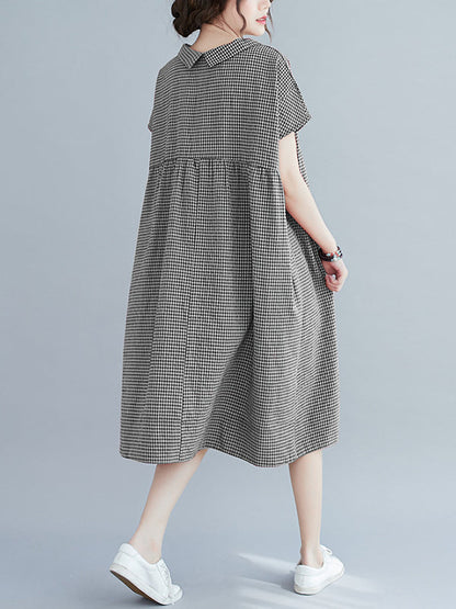 Robe mi-longue à carreaux ample et boutonnée, style rétro artistique 