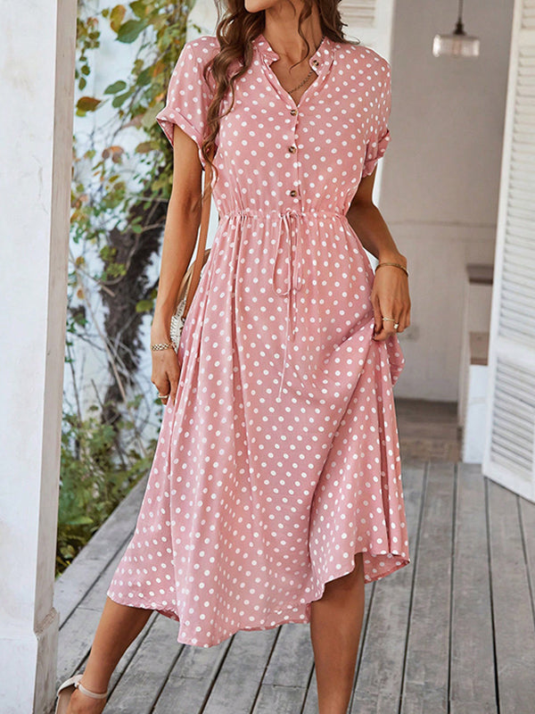 A-Line High Waisted Buttoned Drawstring Polka-Dot V-Neck Midi Dresses