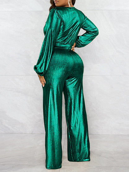 Bodycon High Waisted Elasticity Shiny Solid Color V-Neck Jumpsuits