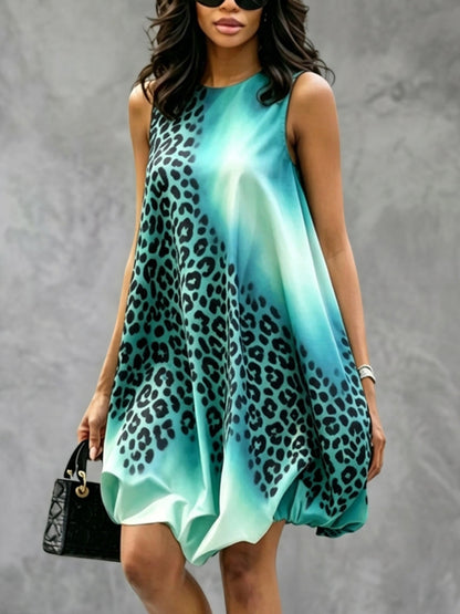 A-Line Loose Asymmetric Contrast Color Elasticity Leopard Printed Round-Neck Mini Dresses