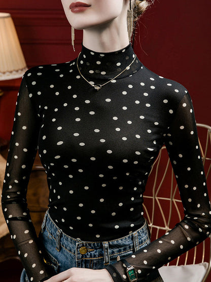 Long Sleeves Plus Size Polka-Dot Mock Neck T-Shirts Tops