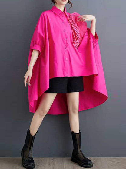 Batwing Sleeves Half Sleeves Asymmetric Buttoned Pleated Solid Color Three-Dimensional Flower Lapel Blouses&Shirts Tops