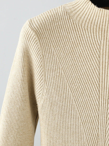 Stylish Long Sleeves High Waisted Pleated Solid Color Half Turtleneck Sweater Dresses