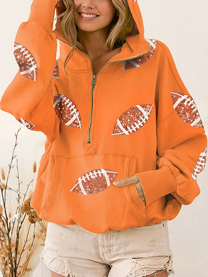 Zipper Split-Joint Ribbed Printed Pockets Drawstring Loose Long Sleeves Hooded Sweater Pullovers