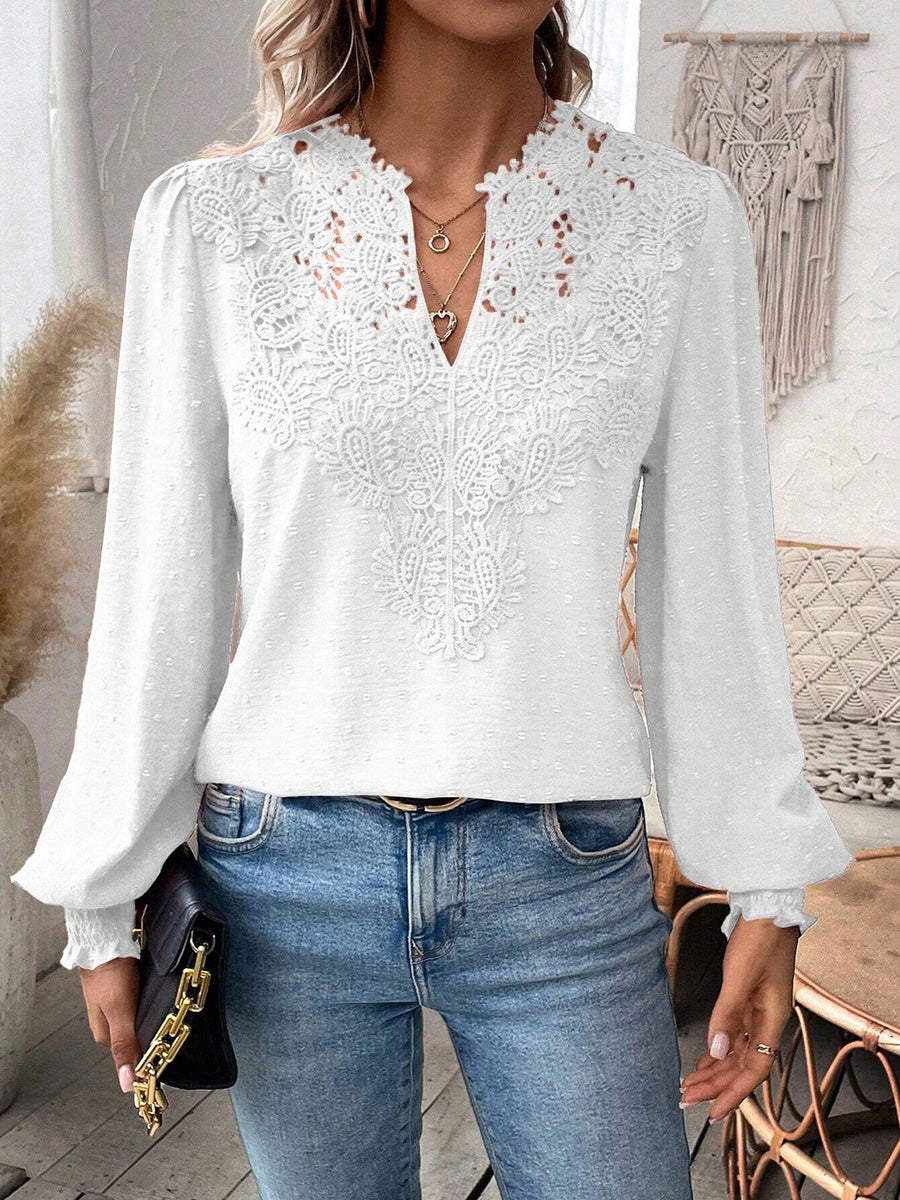 Balloon Sleeves Long Sleeves Embroidered Hollow Solid Color V-Neck Blouses&Shirts Tops