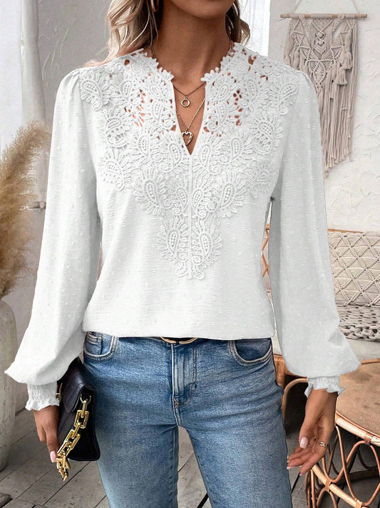 Balloon Sleeves Long Sleeves Embroidered Hollow Solid Color V-Neck Blouses&Shirts Tops