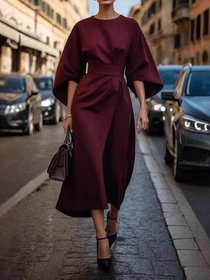 Loose Puff Sleeves Pleated Solid Color Split-Joint Round-Neck Midi Dresses BURGUNDY