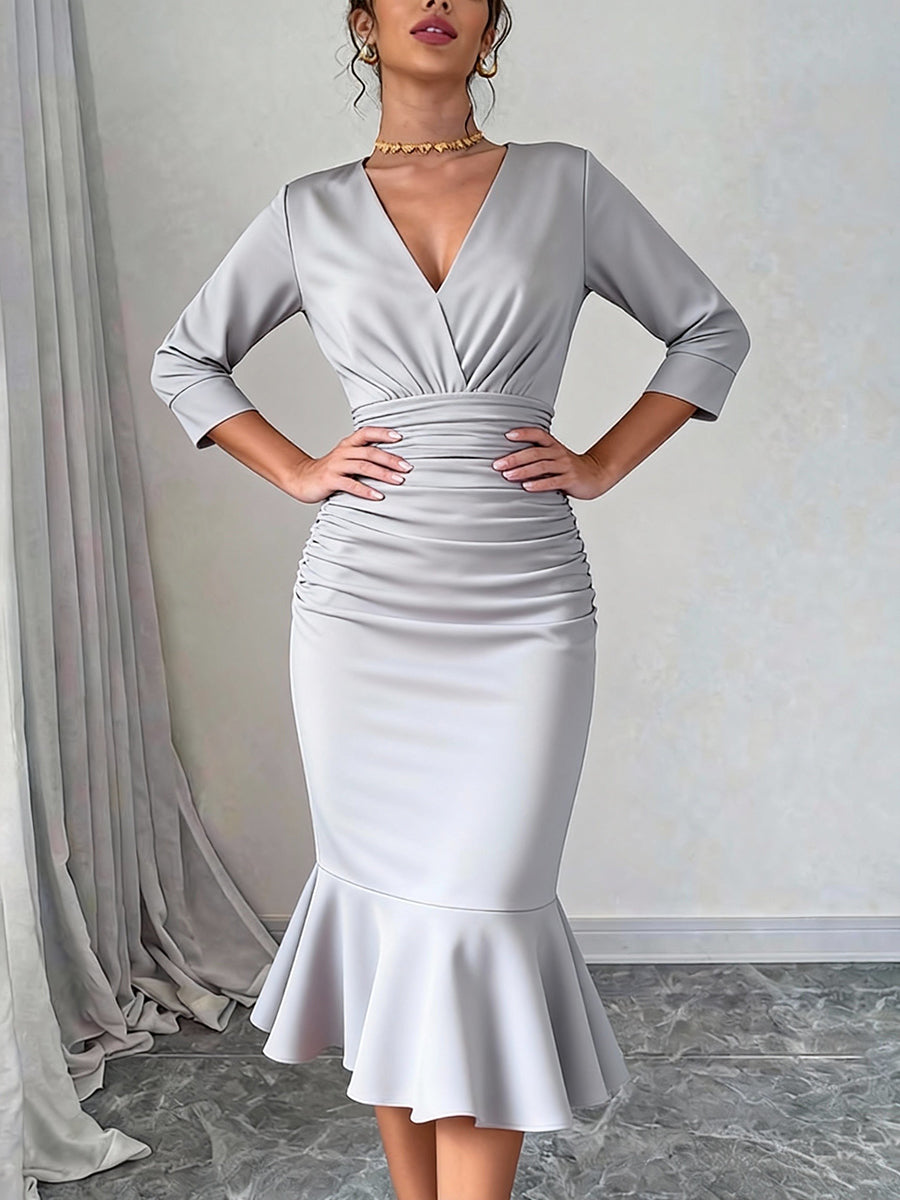 Bodycon Elasticated Waist Interlace Solid Color Split-Joint Split-Side Deep V-Neck Midi Dresses