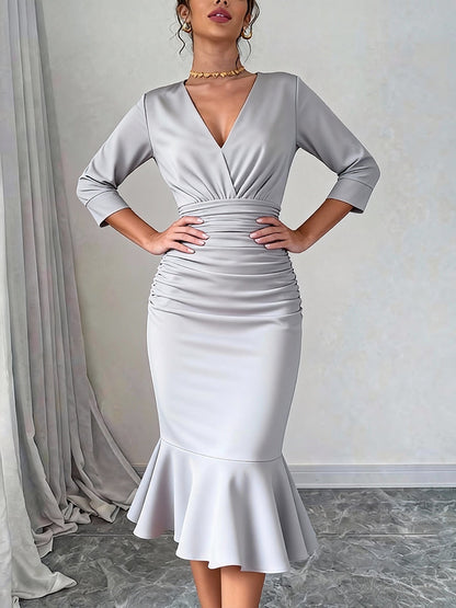 Bodycon Elasticated Waist Interlace Solid Color Split-Joint Split-Side Deep V-Neck Midi Dresses