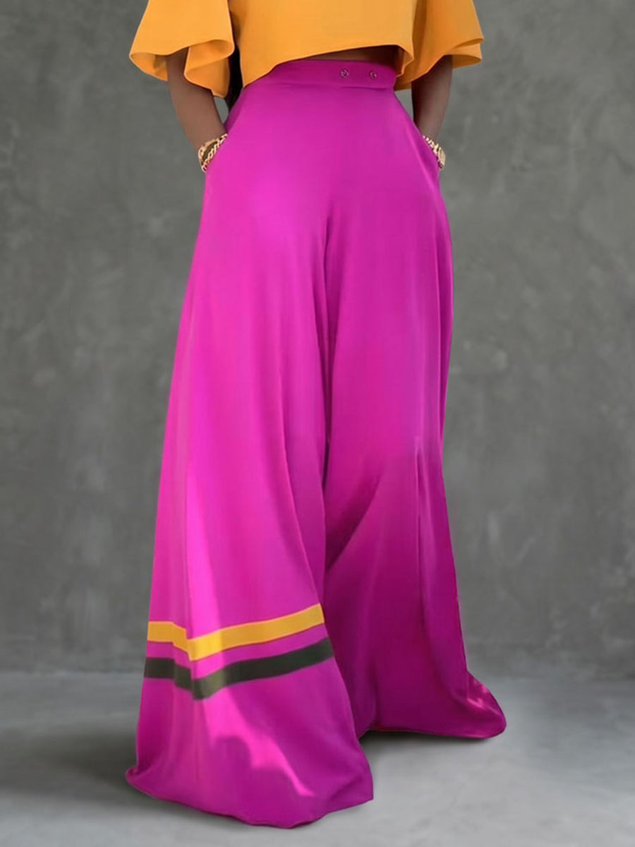 High Waisted Wide Leg Buttoned Contrast Color Pockets Pants Trousers